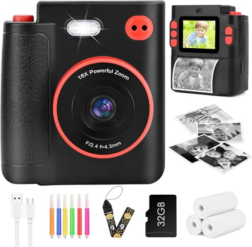Camara Fotos Infantil Instantanea, Ambesty Camara Fotos Infantil, 2.4 HD Cámara Instantánea con Tarjeta 32GB y Papel de Impresión, 1080P HD Video Cámara, Regalos para Niños y Niñas de 3-12 (Negro)