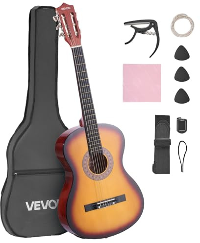 VEVOR Guitare Classique Débutants, 96 cm, Kit avec Cordes en Nylon, Housse de Transport, Sangle, Accordeur, Cordes Supplémentaires, Médiators, Capodastre, en Tilleul, pour Jeunes Enfants et Musiciens