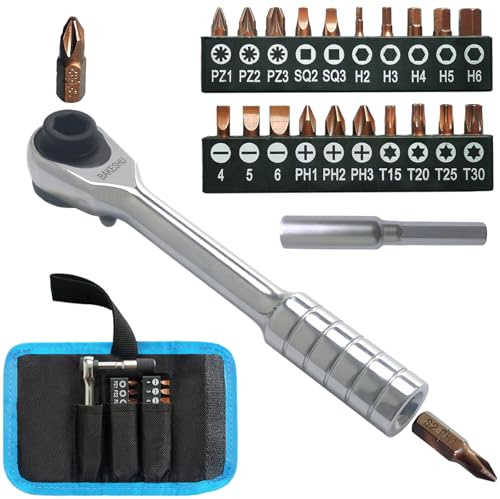 Ratschenschlüssel, 1/4 Zoll Ratschen Wendeschrauber, Mini-Ratschen-Schraubendreher mit Phillips, Schlitz, Torx, Sechskant, Vierkant, Pozidriv für Autos, Fahrräder, Häuser, DIY(72-Zahn)