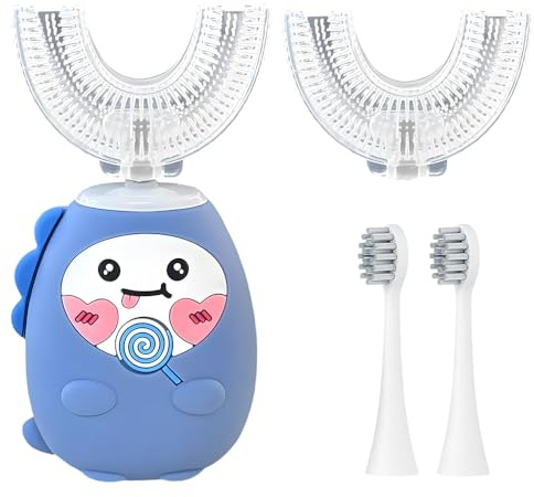 Hojalis Cepillo de dientes ultrasónico para niños en forma de U de 360°, cepillo de dientes eléctrico para niños con 2 cabezales de cepillo de silicona en forma de U y 2 cabezales de cepillo rectos, 3