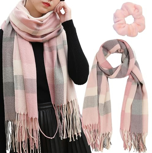ZenyTra Bufanda de mujer de 200 x 60 cm, acogedora bufanda con diseño de cuadros y círculo para el pelo, 100 % poliéster, para mujeres, mamá, novia (rejilla rosa)