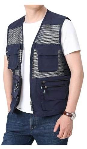 RUWLFE Chaleco de Malla Talla Grande for Hombre, Chaqueta Trabajo Informal Primavera for Pesca, Secado rápido para Fotografía Caza(Blue,8XL)