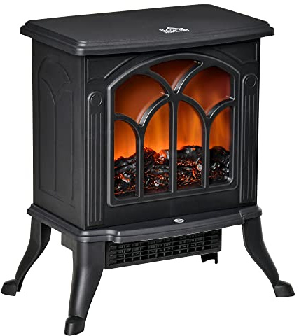 HOMCOM Camino Elettrico da Terra Effetto Fiamma, 750/1500 W Caminetto Decorativo Riscaldamento PTC con Area di Copertura 15-20 m², Protezione dal Surriscaldamento, Nero