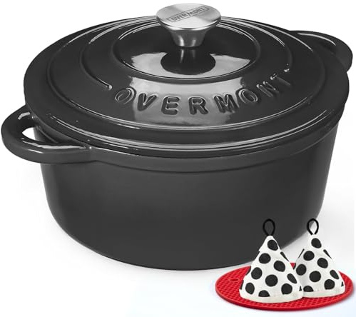 Overmont Casseruola in Ghisa Smaltata - Antiaderente Forno Olandese con Coperchio - Ø28 cm Rotonda Cocotte per Adatto a Piani di Cottura e Forni a Induzione - Grigio grafite