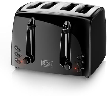BLACK+DECKER 4-Slice Toaster, TR1410BD, Extra-Wide, 7 Shade Settings, Crumb Trays, Gloss Black