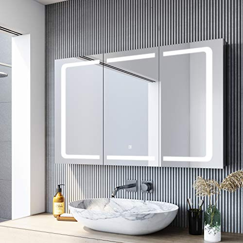 SONNI Armario Espejo Baño LED Táctil,3 Puertas,Enchufe Afeitadora,105x65 cm