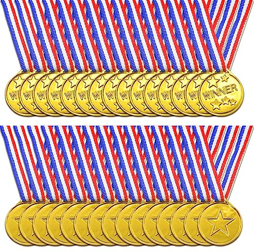 Brelet Medaille pour Enfant, 30 Pcs Médailles d'or Gagnant Médailles en Plastique avec Collier pour Compétition Récompenses Thème Sport Day ou Jeux Olympiques Enfant Événement de l'école