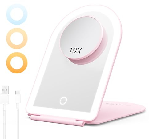 Specchio Trucco con Luci LED Ricaricabile, Specchio Pieghevole Portatile con Ingranditore 10X, Luminosità Regolabile a 3 Colori, Interruttori Sfioramento e Funzione Memoria, per Viaggio e Casa, Rosa
