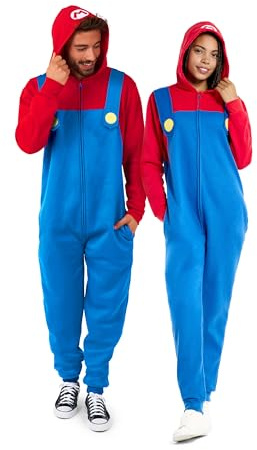 OppoSuits Adulto Unisex Mario Onesie - Pigiama Intero Nintendo - vestibilità Ampia - Tasche Incluse - Rosso E Blu