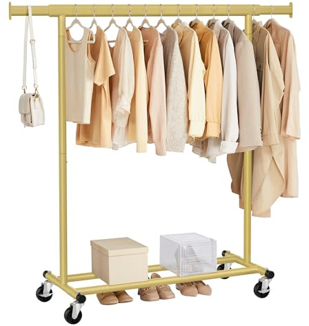 SONGMICS Klädställning i Stål med Hjul, Utdragbar Klädstång, 100 kg | Kraftig Klädhängare, (92-132) x 45 x 161,5 cm, för Sovrum och Tvättstuga, Blek guld, PATAYE Kollektion HSR013A01