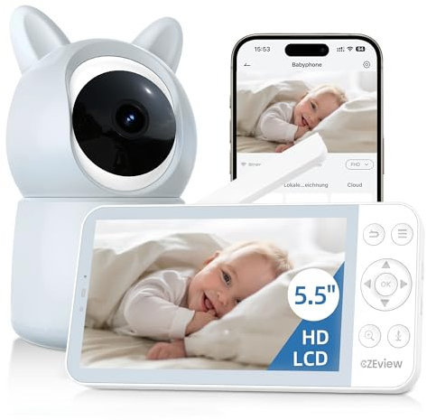 CZEview BM6 Babyphone mit Kamera 2K & 4X Zoom, 5.5 HD WLAN Video Babyfon mit App, Nachtsicht, Bewegungs&Geräusch&Temperaturerkennung, 2-Wege-Gespräch, 360° Ansicht, Musik&Buntes Nachtlicht(Blau)