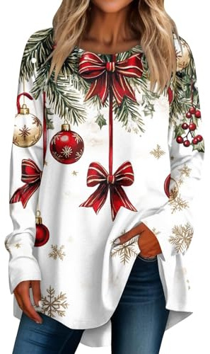 SCBFDI Chemise Noël Femme Chic et Élégant Pull Père Noël Col Bateau Manche Longue Tshirt Noir Blouse Voile Longue Chemisier Blanc XL