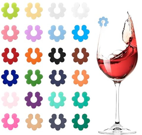 BQRKOTM 24 Pezzi Colorati Segnabicchieri, Identificatore Del Bicchiere di Vino, Segnabicchieri in Silicone per Feste, per Bicchiere da Champagne e Cocktail