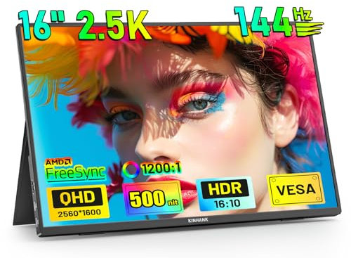 Portable Monitor 2.5K 16 Zoll 144Hz Tragbarer Monitor mit FreeSync| HDR | 500Nits | 1200:1 | 100% sRGB | 2560 * 1600 QHD IPS Bildschirm HDMI USB C für PC Laptop Telefon Switch PS5 Xbo, VESA-Kompatibel