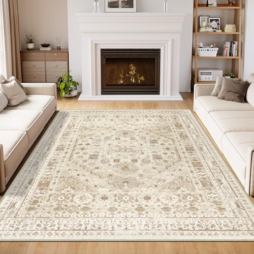Capslpad Washable Rugs Living Room 160x230cm Distressed Vintage Area Rugs Non-Slip Traditional Oriental Bedroom Carpet Low Pile Thin Floor Mat Rug for Dining Room Kitchen Office Decor, Beige