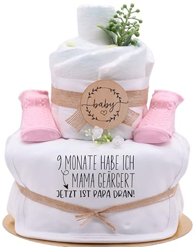 Trend Mama® | Windeltorte Sprüche | 9 Monate habe ich Mama geärgert. Jetzt ist Papa dran! |27 Windeln (Größe 2), Baby Lätzchen, Babysocken mit Zopfmuster|Holz Sign Baby (Socken | rosa)