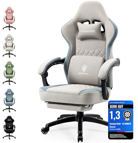 Dowinx Gaming Stuhl Stoff Bürostuhl mit Taschenfederkissen, Verstellbarer Gamer Stuhl mit Kopfstütze, Ergonomische Racing Gaming Sessel mit Fußstütze (Grau)