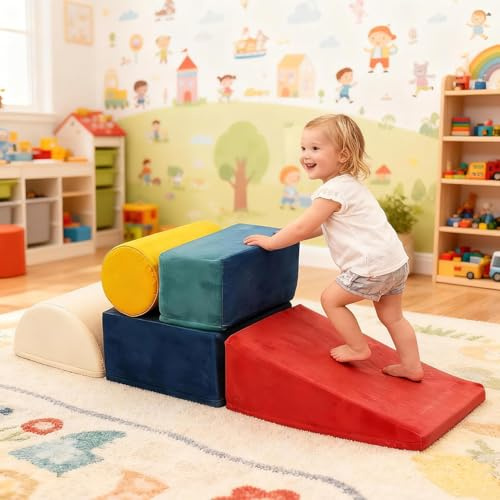 YULEYU Bambini Blocchi di Arrampicata in Schiuma,Blocchi in Schiuma per Arrampicarsi e Strisciare, Percorso Ostacoli Psicomotricità Set di 5 Blocchi,Giocattoli Montessori,Giochi Costruzioni(Colorato)