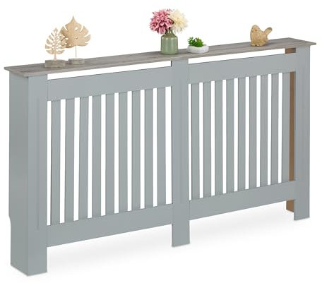 Relaxdays Heizkörperverkleidung Lamellen, HBT 83x152x19 cm, für alte Heizkörper, Heizungsabdeckung mit Regal, MDF, grau