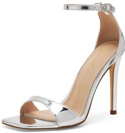 GENSHUO Escarpins à talons hauts pour femme, bride unique, bout ouvert, talon aiguille de 10 cm, élégants pour mariage et soirée， Vernis argent， 40.5 EU