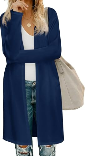Fisoew Chaqueta de punto para mujer de frente abierto, cárdigan de manga larga, abrigo de punto ligero, jersey largo con bolsillos, azul oscuro, XXL