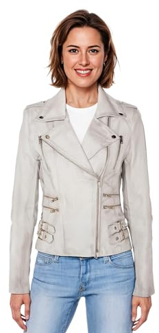 Infinity Leather Chaqueta de Motociclista de Cuero Blanco con Hebilla Gótica Vintage de Napa de Cordero Auténtica Para Mujer