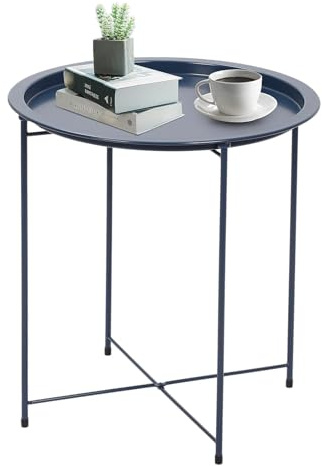 GREENSAPPIRE Side Table 47x50cm Round Round Tray Table with Removable Tray - Storage End Table Coffee Metal Small Garden Table for for Bedroom, Home and Office (Gray Blue)