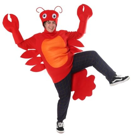 Adults Lobster Costume - Red All-in-One Suit with Attached Lobster Headpiece, Red Claw Gloves - Mens Womens Unisex Sea Creature Animal Fancy Dress Costume