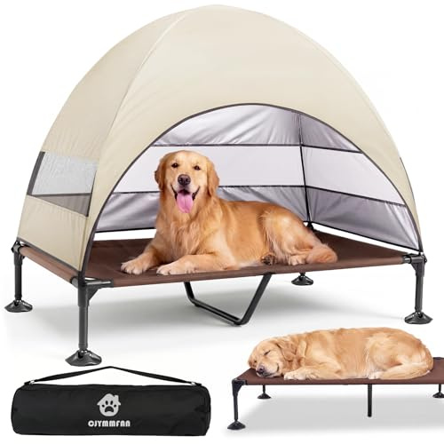 Upphöjd hundsäng utomhus med tak, hundbädd vikbar med halkfria fötter, hundtält utomhus med stor skugga, kylande höjd hundsäng för camping, trädgård, strand & pool (Khaki, XL)