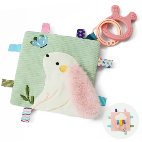 let's make kanin baby-sprakande leksak och motorikleksak med bitring | Mjukt plyschmotiv, molnbaksida, färgglada flaggor, skallra ring, 0-6 månader, för buggy & tillägg för babyshower presentset