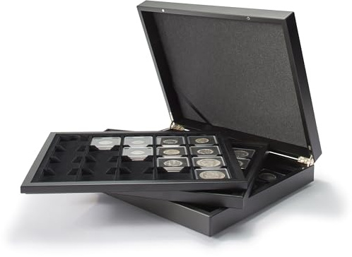 Leuchtturm 347919 Volterra DE Luxe Cassette à Monnaie - 60 Capsules Quadrum / 50 x 50 mm Cadres à Monnaie - Champs carrés - Noir