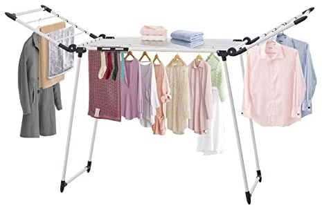 YUBELLES Clothes Drying Rack, Gullwing Laundry Rack, Collapsible, Space-Saving Laundry Rack, with Sock Clips, for Clothes, Towels, Linens, Indoor/Outdoor