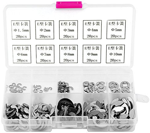 200Pcs E-Clip en acier inoxydable, kit de circlips pour rondelles de type C, kit de circlips de bague d'ouverture à déclic de retenue avec boîte en plastique M1.5-M10