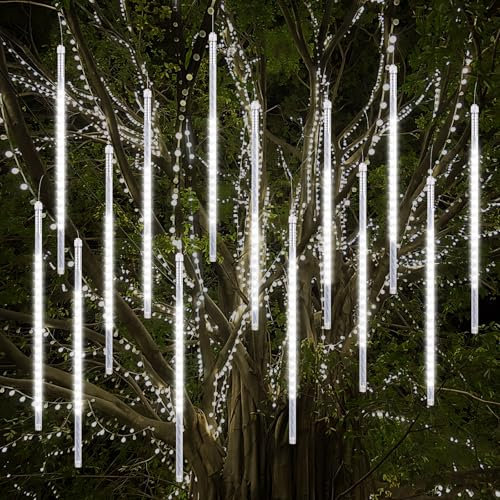 Vikdio Luci di Natale all'aperto, Pioggia di Meteoriti Luminosi 16 Tubi Spiralati (50cm 864 LEDs) Lunghezza di 5,25m, Luci ghiacciolo impermeabili per Decorazioni natalizie all'aperto, Bianco