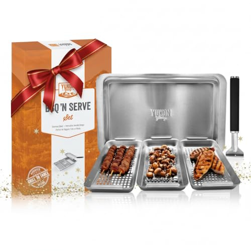 Yukon Glory BBQ Vegetable Grill Basket Set, Stainless Steel, 3 Baskets with Drip Tray & Removable Handle for Fish, Shrimp & Veggies