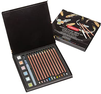 Derwent Metallic Mischtechnik-Farbset, weiche Buntstifte und wasserlösliche Farbe, 19er-Set, ideal für Bastler und Kunsthandwerk, Geschenkbox, 2305948