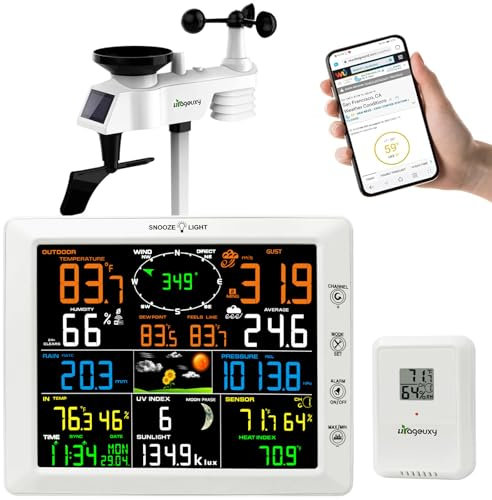 Urageuxy Station Météo Professionnelle Sans Fil 14-en-1 - Grand Écran LCD avec Anémomètre, Pluviomètre, UV, Phase Lunaire - Prévisions Météo, Température & Humidité Intérieure/Extérieure