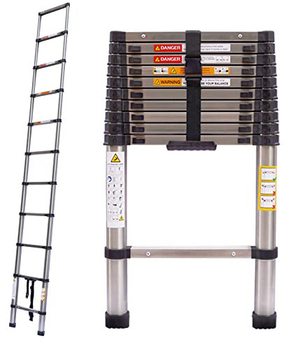 Stainless Steel Telescoping Ladder - 10.5ft/3.2m Heavy Duty Collapsible Ladder with Non-slip Feet and Securing Strap - 330 lbs Capacity