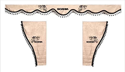 Cortinas Decorativas para Camión con Pompones Negros. Con Logo SCANIA EANGLE. BEIGE.