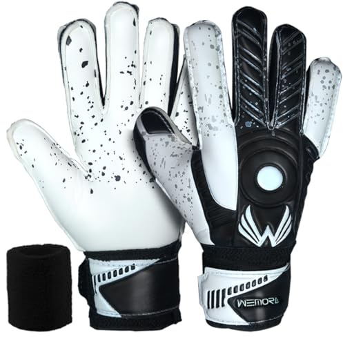 WEMORA Soccer Goalie Gloves Fingersave for Kids Youth Adults with 7.5MM Strong Grip Palm Flexible Finger Spines Goalkeeper Gloves (Black, Size 5 Suitable for 9 to 12 Years Old, Ambidextrous)