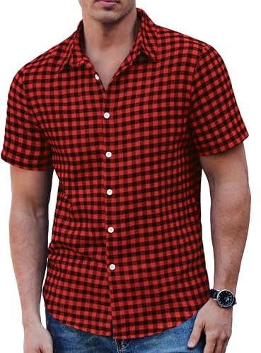 COOFANDY Camisa de hombre a cuadros de manga corta para el tiempo libre, corte regular, camisa informal, A-rojo y negro, XL