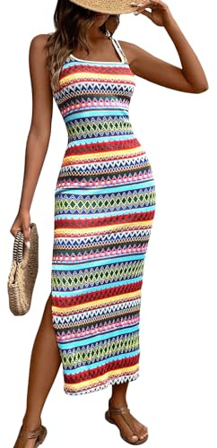 PRETTYGARDEN Tank Dress for Women 2026 Summer Casual Striped Maxi Dresses Fitted Square Neck Beach Vacation Bohemian Sundress (Blue,M)
