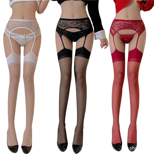 Leogony 3PCS Women's Stockings and Suspenders Set, Stocking Tights Lace Stretch Garter Belt (Black+White+Red)
