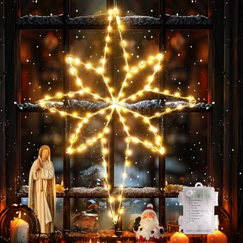 Quntis 118 LED Weihnachtsstern faltbar, 58cm große Stern Fensterdeko mit Batterie Timer Haken, Weihnachtsdeko Innen Außen Warmweiß, IP44 Weihnachtsbeleuchtung Outdoor für Fenster Zimmer Tür Wand Glas