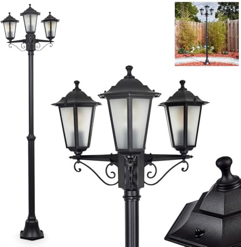 Kandelaber Loria, Außenwegeleuchte aus Metall/Glas in Schwarz/Milchglas, klare Wechselscheiben, Leuchte im Vintage/Antik/Landhaus-Design für Garten/Hof, max. 200cm, 3x E27, ohne Leuchtmittel, IP44