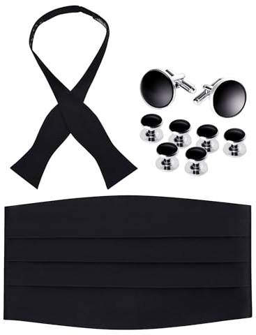 Men's Satin Self-Tie Bow Tie, Cummerbund, Cufflinks & Studs Set for Tuxedo, Wedding, Prom, and Formal Events (Black)