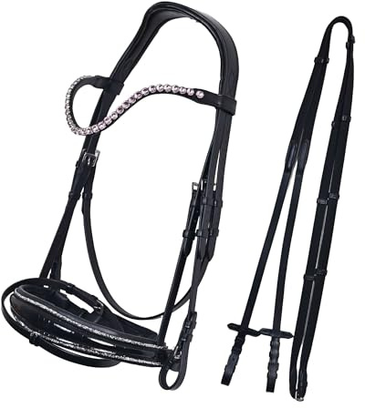 FLUFFYCUD Western Leather Bitless Snaffle Bridle for Horses, English Jumping Bridle with Crystal Browband, Removable Noseband & Rubber Reins Adjustable Padded Headstall (Pink Jadkan Black- Full)
