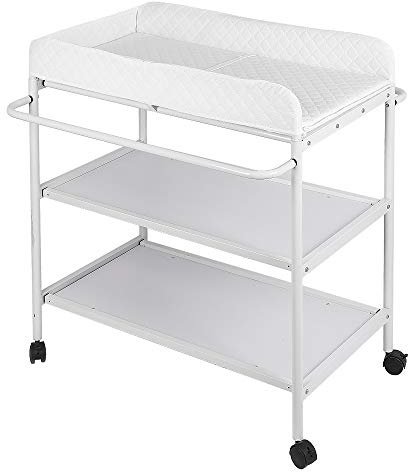 Homewell - Mesa de cambio para dormitorio de bebé de hierro con cesta de almacenamiento, cambiador ajustable en altura, cinturón de seguridad y 4 ruedas, para recién nacidos y bebés, 84 x 72 x 90 cm