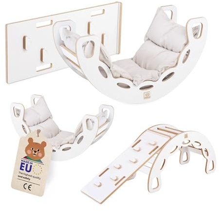 MISIOO Fauteuil à bascule Small Rocker 4 en 1 + mur d'escalade/toboggan + coussin beige clair, blanc Wooden Play