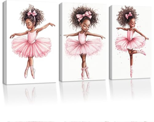 QIXIANG Ballet Girl Canvas Wall Art 3 Set Black Ballerina Pictures Black Girls Poster African American Ballet Dancer Paintings for Girls Room Bedroom Wall Decor (11W x14L x3)